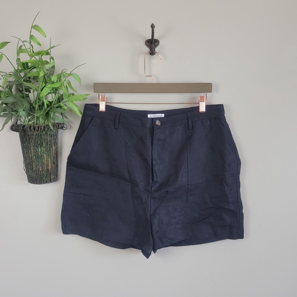NEW Reformation 12 Sterling High Rise Black Linen Patch Flap Pocket Shorts